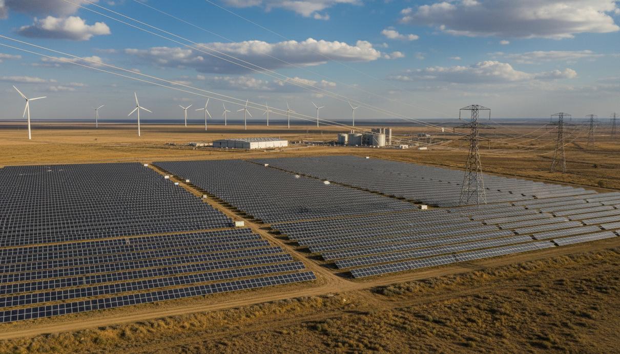 Масштабная солнечная электростанция и ветряные турбины на фоне индустриального пейзажа Узбекистана с высоковольтными линиями электропередачи.