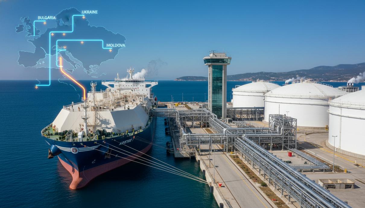 Крупный танкер-газовоз пришвартован у терминала по регазификации СПГ в Греции. На фоне – промышленные сооружения, резервуары и трубопроводы.