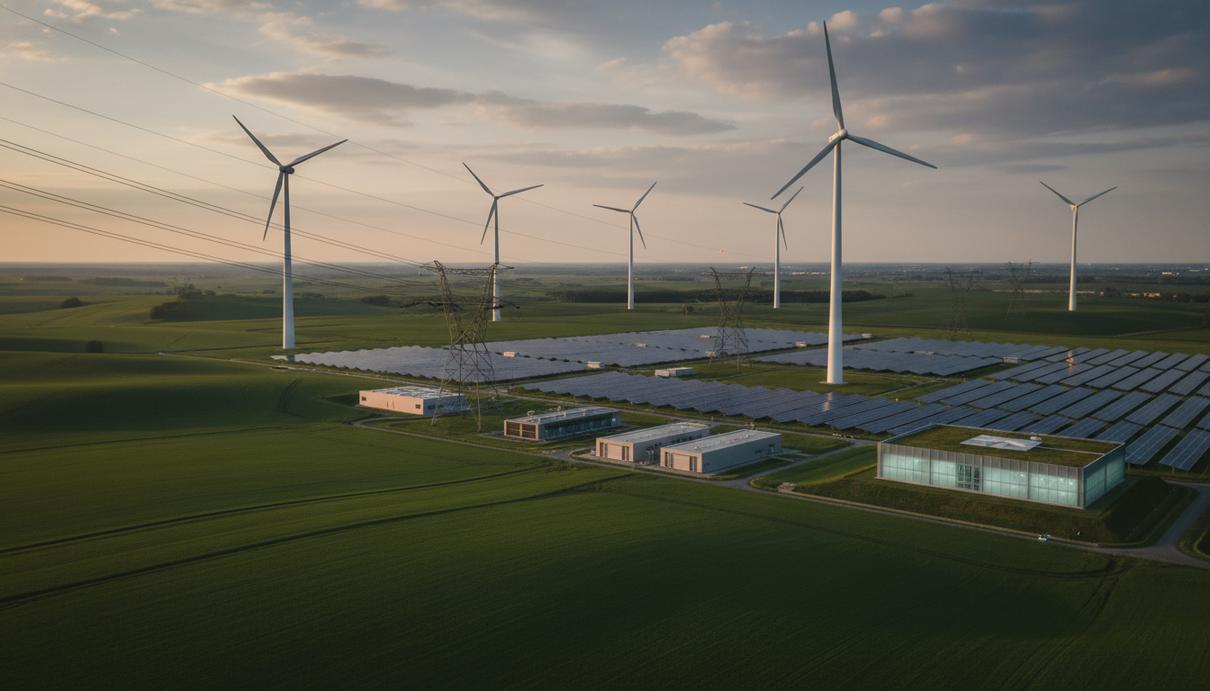 Современный энергетический ландшафт Европы: линии электропередач, ветряные турбины, солнечные панели, промышленные объекты хранения энергии.