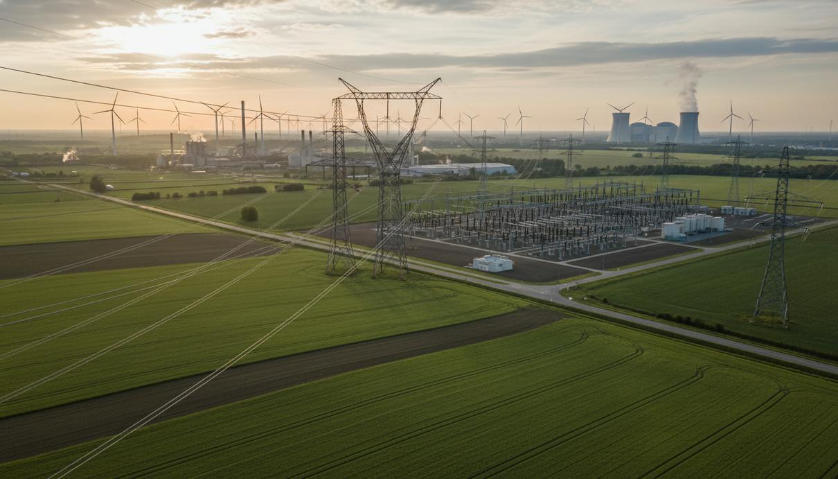 Современные высоковольтные линии электропередач и опоры на фоне сельского и промышленного ландшафта, с объектами низкоуглеродной генерации на горизонте.