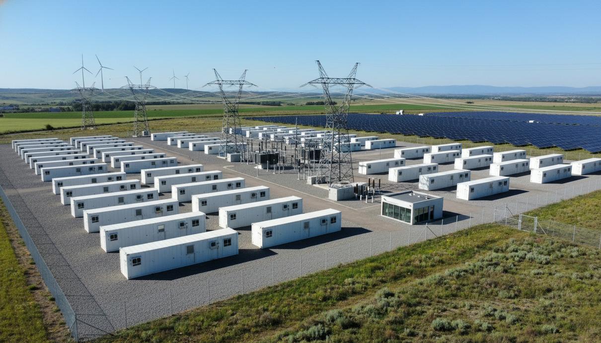 Масштабная система накопления энергии (BESS) в контейнерном исполнении на открытой площадке в европейском ландшафте, с линиями электропередач.