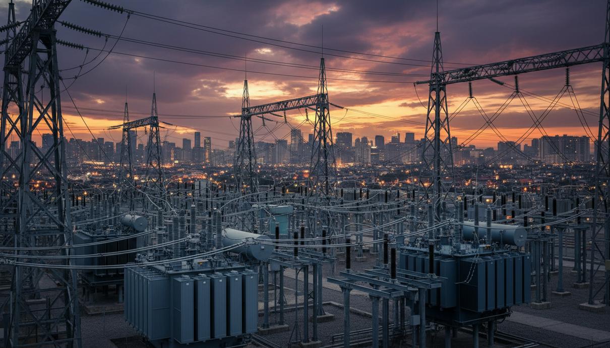 Крупная электрическая подстанция с трансформаторами и линиями электропередачи на фоне городского горизонта, освещенного сумерками.