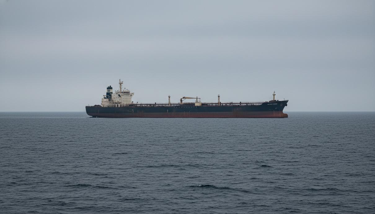 Одинокий крупный нефтяной танкер, виднеющийся вдали на фоне бескрайнего серого моря. Корпус судна выглядит потрепанным, без четких опознавательных знаков.