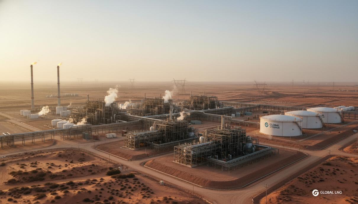 Промышленный комплекс наземного завода по производству СПГ с технологическими линиями, трубопроводами и резервуарами в пустынной местности на рассвете.