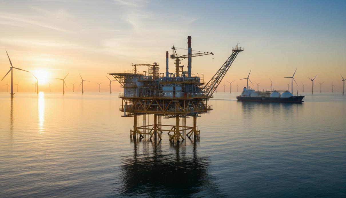 Морская нефтяная платформа на рассвете, танкер СПГ на горизонте. Вдалеке видны ветряные турбины морской ветроэлектростанции.