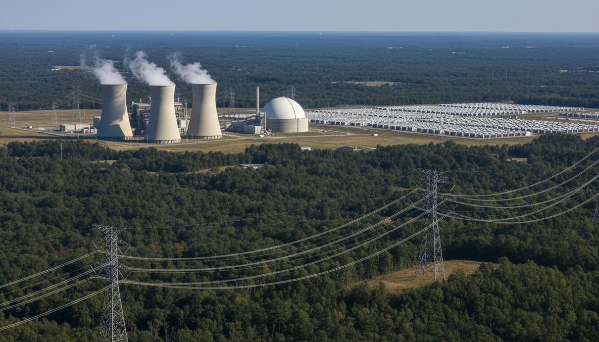 Вид на современную энергетическую инфраструктуру: линии электропередач, газовую и атомную электростанции, а также системы накопления энергии.