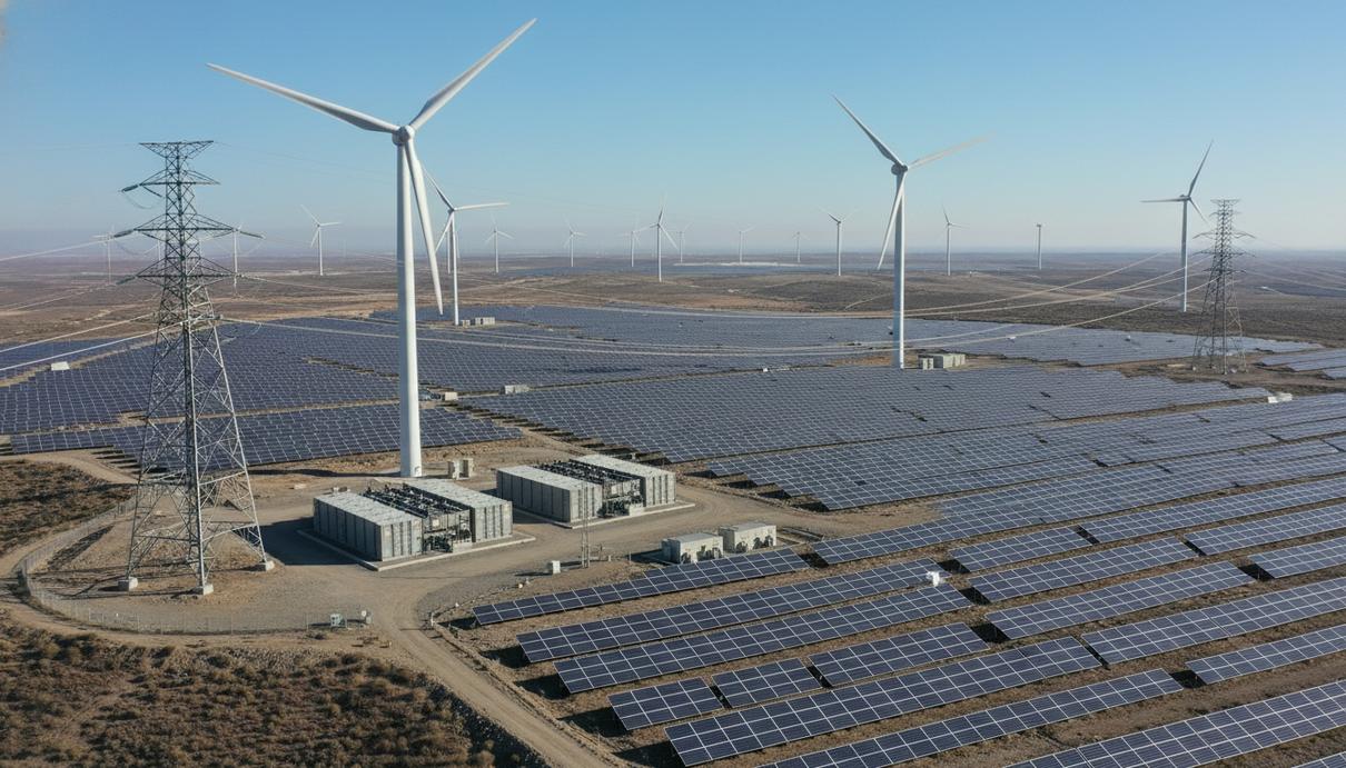 Масштабный комплекс возобновляемой энергетики: ряды солнечных панелей, ветрогенераторы и системы хранения энергии на открытом пространстве.