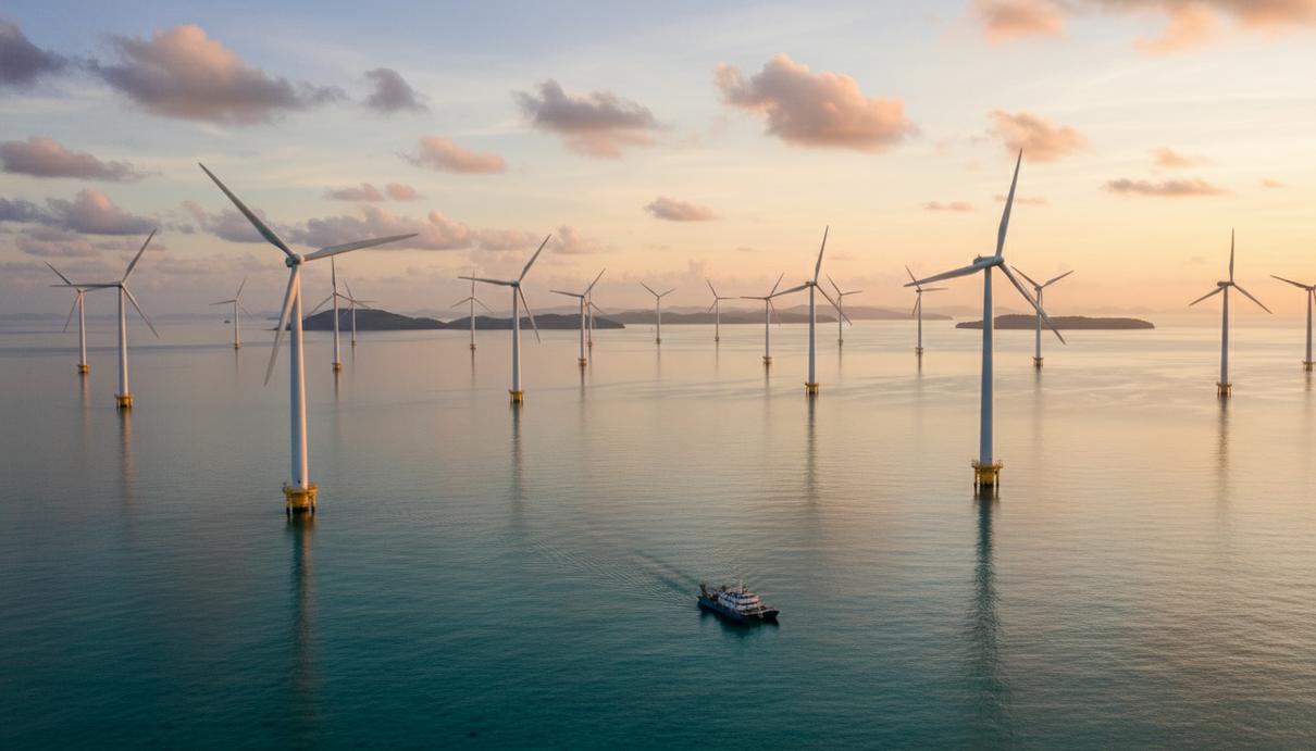 Морская ветряная электростанция в водах Филиппин: ряды высоких турбин, спокойное море, очертания островов на горизонте.