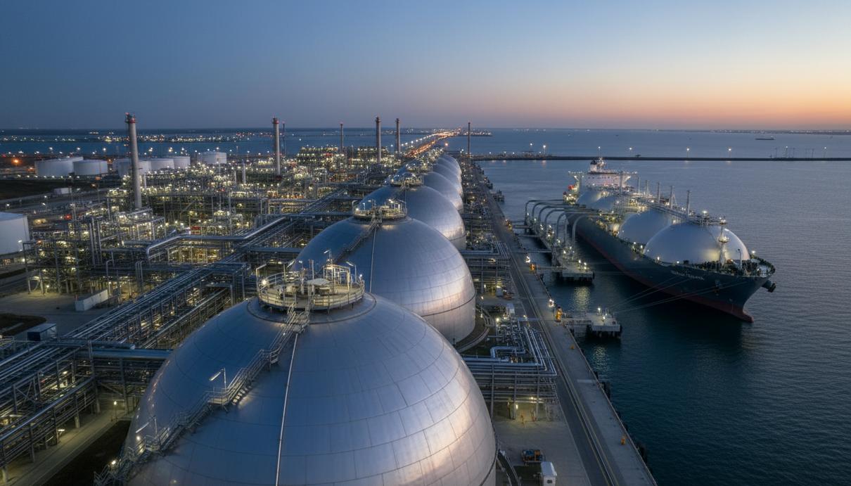 Большой терминал по экспорту сжиженного природного газа с гигантскими резервуарами и танкером у причала под вечерним небом.