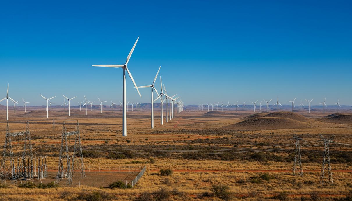 Ветряные турбины крупного ветропарка в полузасушливом ландшафте ЮАР с подстанцией и линиями электропередач.