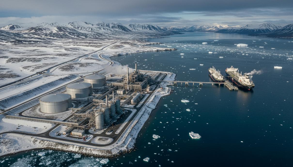 Терминал СПГ на побережье Аляски: резервуары, причал, проходящий трубопровод и установка улавливания углерода. Фоном служат снежные горы и залив.