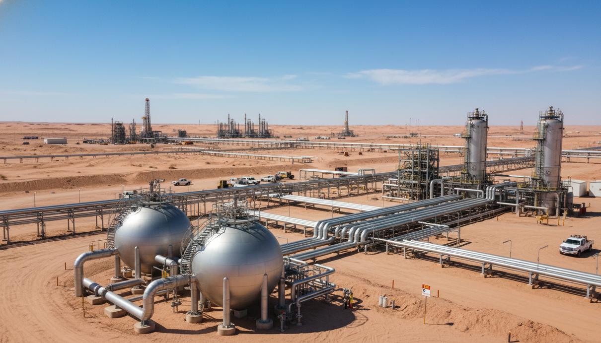 Газоперерабатывающий завод с разветвленной сетью трубопроводов в пустынном ландшафте, под безоблачным небом.