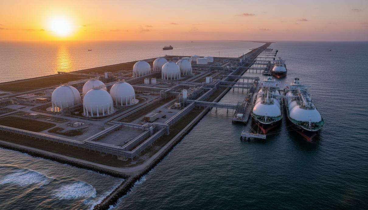 Вид сверху на крупный терминал по экспорту сжиженного природного газа (СПГ) на побережье. Видны огромные резервуары-хранилища и несколько танкеров-газовозов у причала.