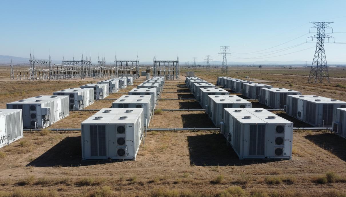 Ряды промышленных систем накопления энергии (BESS) на открытой местности, на фоне линий электропередачи и подстанции.