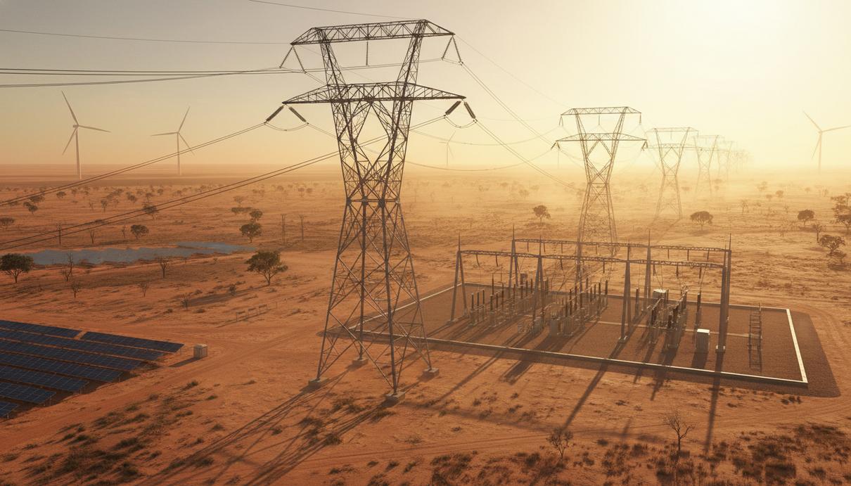 Современные опоры линий электропередач пересекают австралийский пейзаж с солнечными панелями и элементами станции.