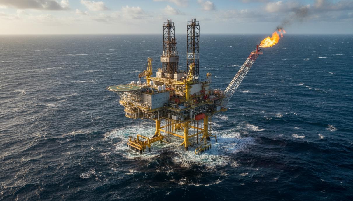 Вид с воздуха на крупную нефтедобывающую платформу в норвежском секторе Северного моря, окруженную морской водой и с видимыми подводными коммуникациями.