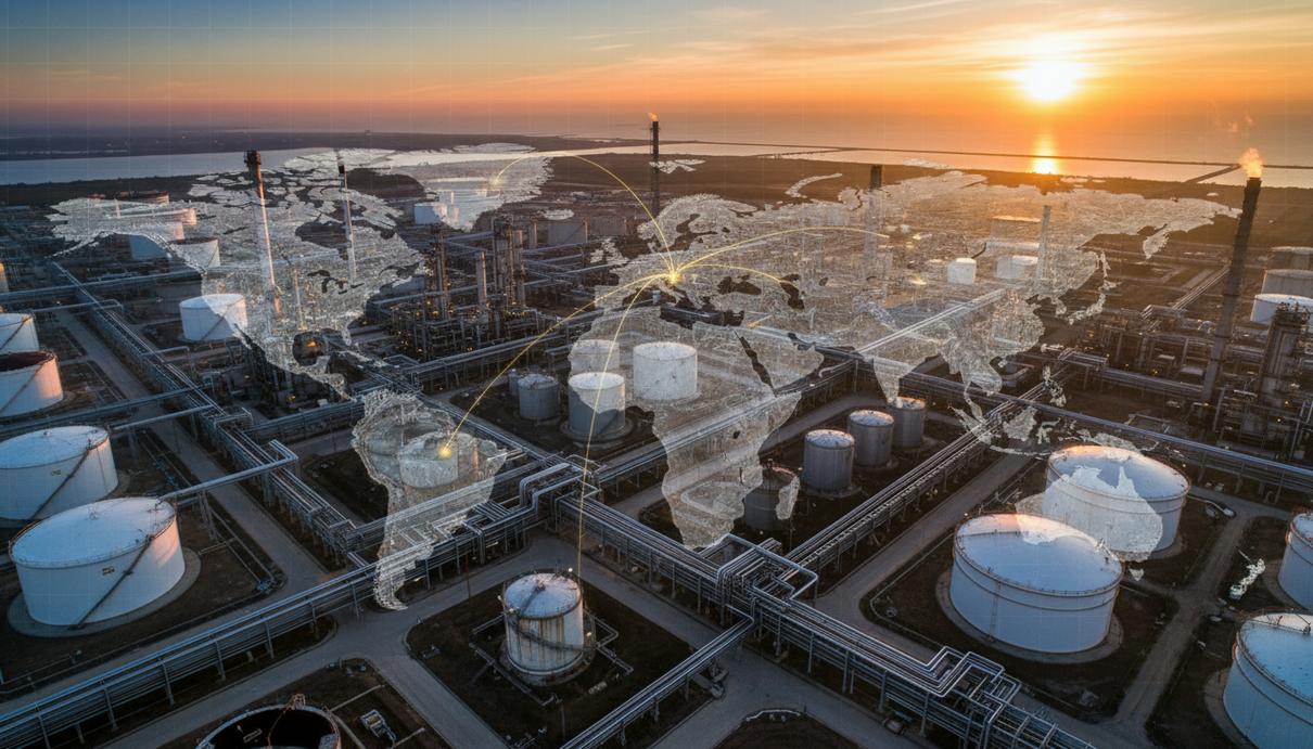 Вид сверху на нефтеперерабатывающий завод на рассвете с трубопроводами и резервуарами. Завод занимает обширную территорию.