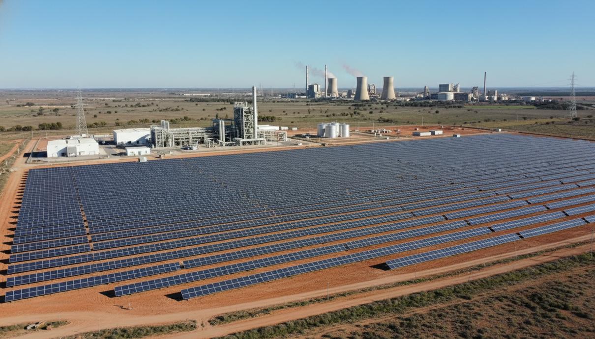Поле солнечных панелей на фоне промышленного комплекса по производству водорода в Андалусии, Испания, под ясным небом.