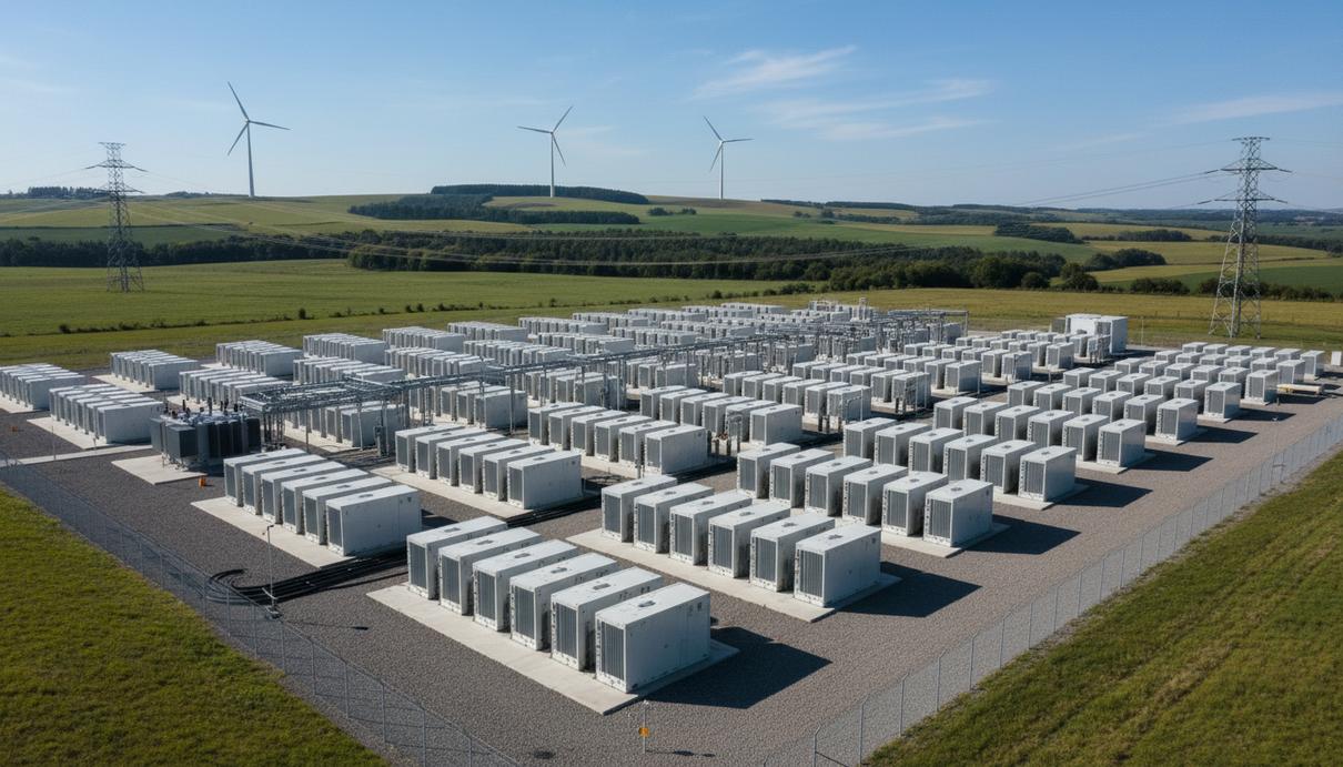 Ряды крупных контейнеров систем накопления энергии на промышленном объекте в Германии на фоне пейзажа.