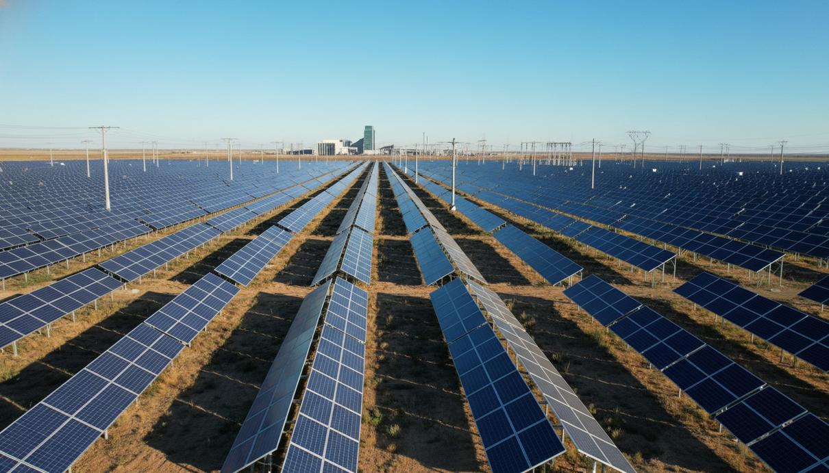 Современная солнечная электростанция с рядами панелей на фоне линий электропередач и отдаленной энергетической подстанции.