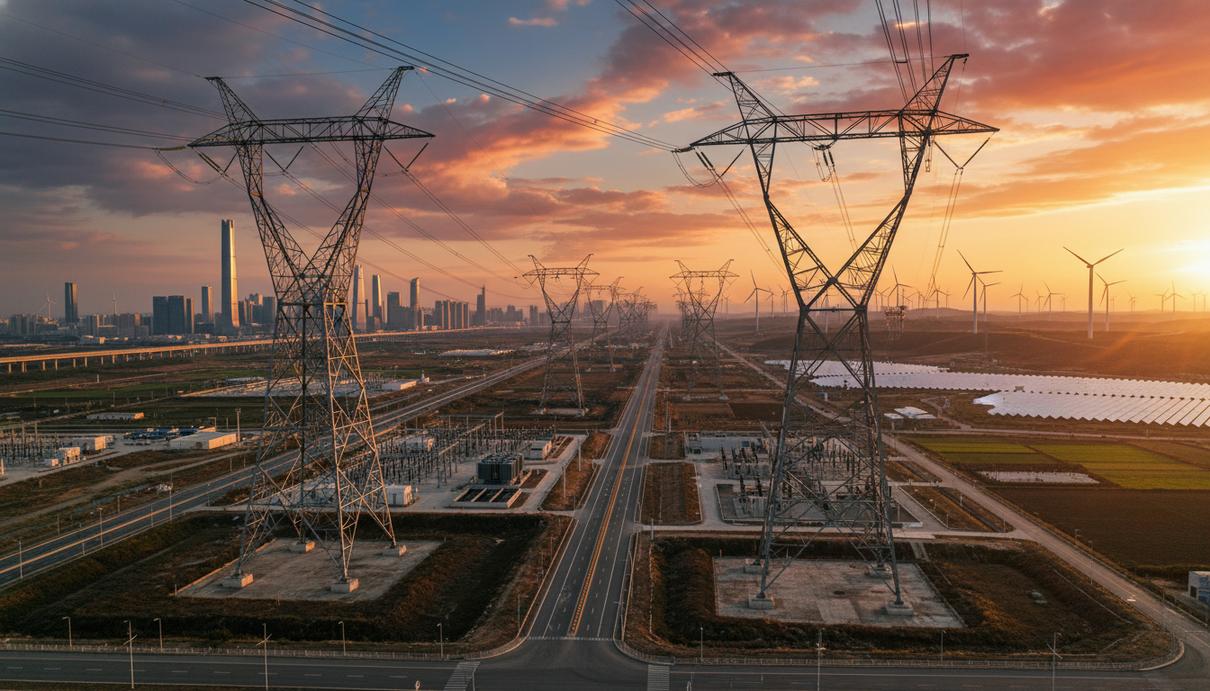 Сверхвысоковольтные линии электропередачи и опоры на фоне обширного ландшафта, соединяющие электростанции возобновляемой энергии с городом в Китае.