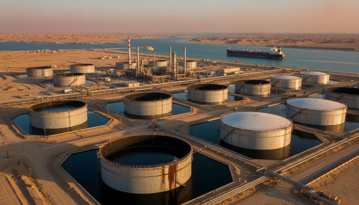 Крупные резервуары для хранения нефти на месторождении в пустыне, вдалеке нефтяной танкер в узком морском проливе, Персидский залив.