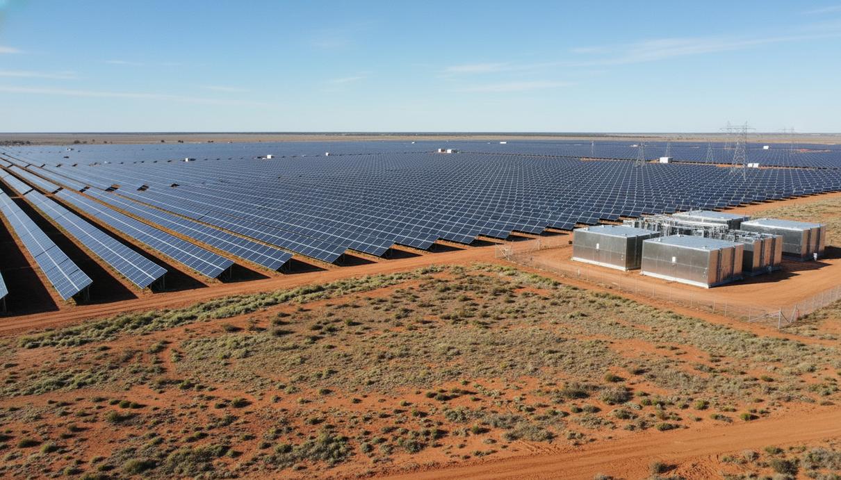 Панорама крупной солнечной электростанции с рядами фотоэлектрических панелей и индустриальными модулями накопителей энергии на фоне полупустынного пейзажа Австралии.