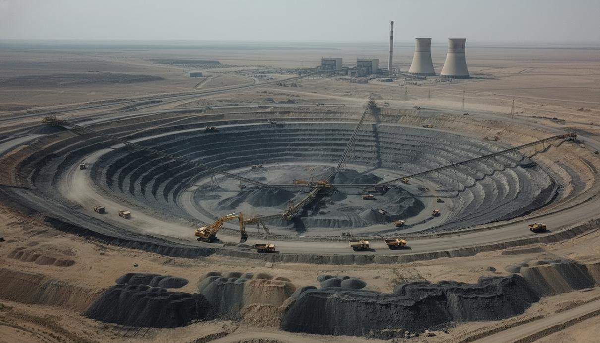 Вид с воздуха на большой угольный разрез в Казахстане. Карьер, техника, конвейеры, градирни ТЭС на фоне засушливого ландшафта.