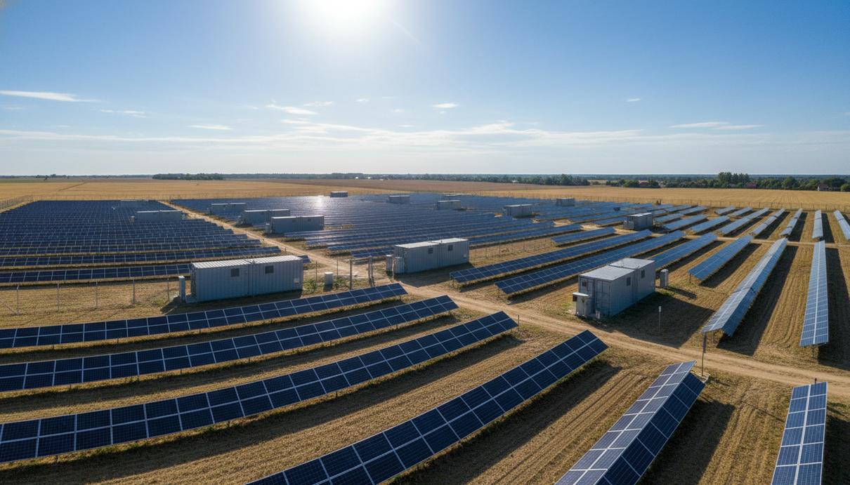 Крупная солнечная электростанция с рядами фотоэлектрических панелей и контейнерами для хранения энергии на равнине в румынском уезде Джурджу.