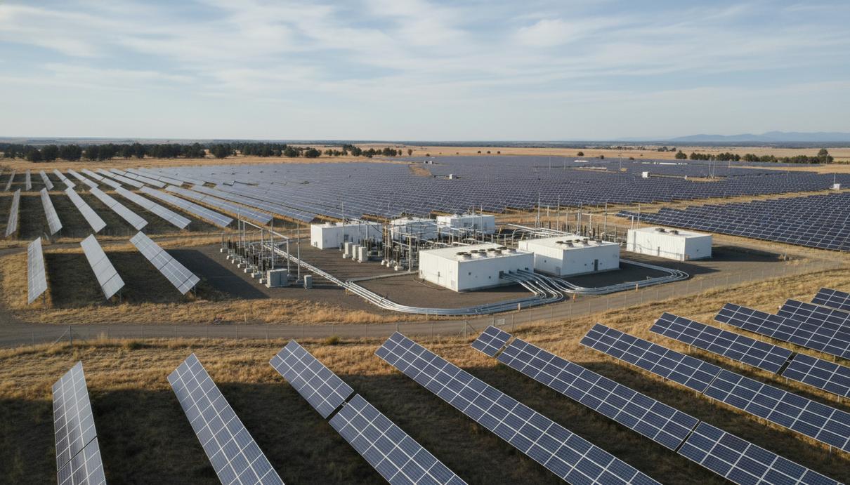 Солнечная электростанция с рядами фотоэлектрических панелей и крупная система накопления энергии (BESS) на открытой местности в Орегоне, США.