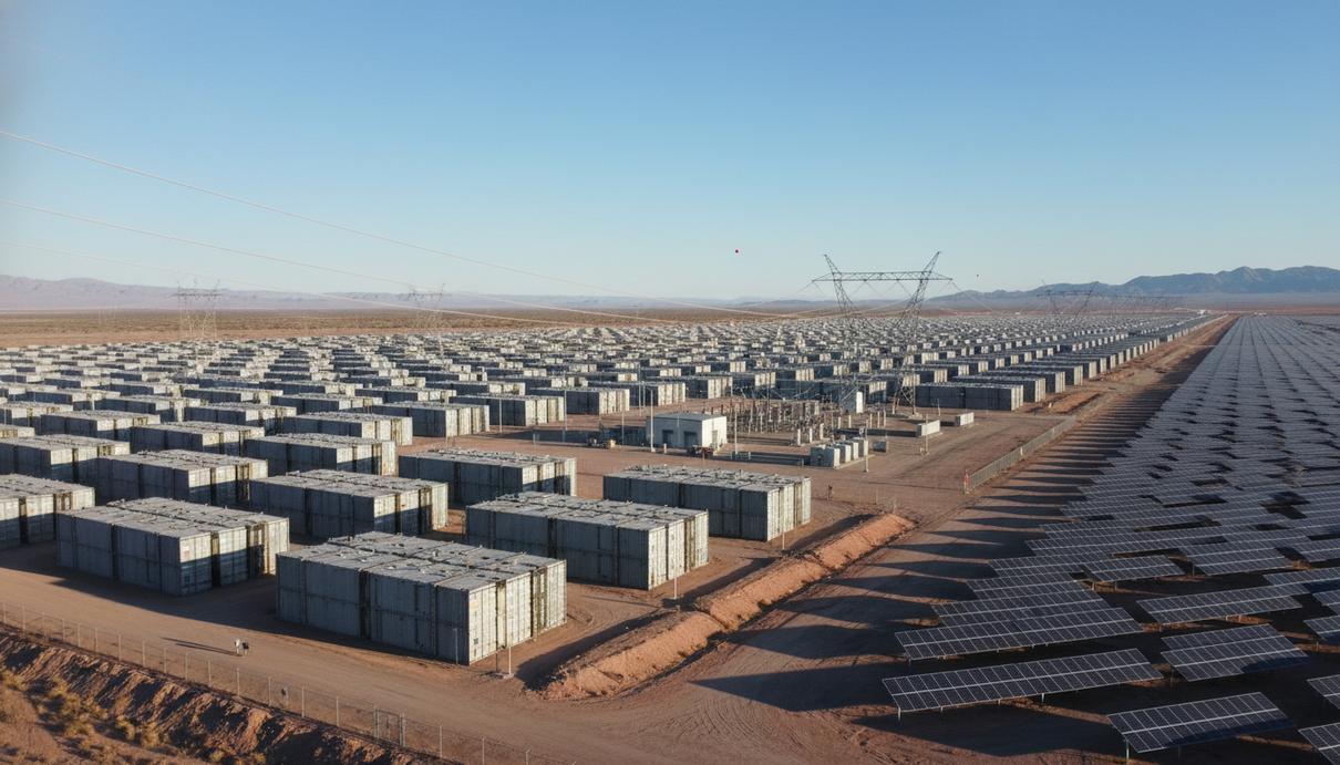 Крупный аккумуляторный накопитель энергии в пустыне, ряды промышленных контейнеров с батареями и электрические опоры, на фоне солнечная электростанция.