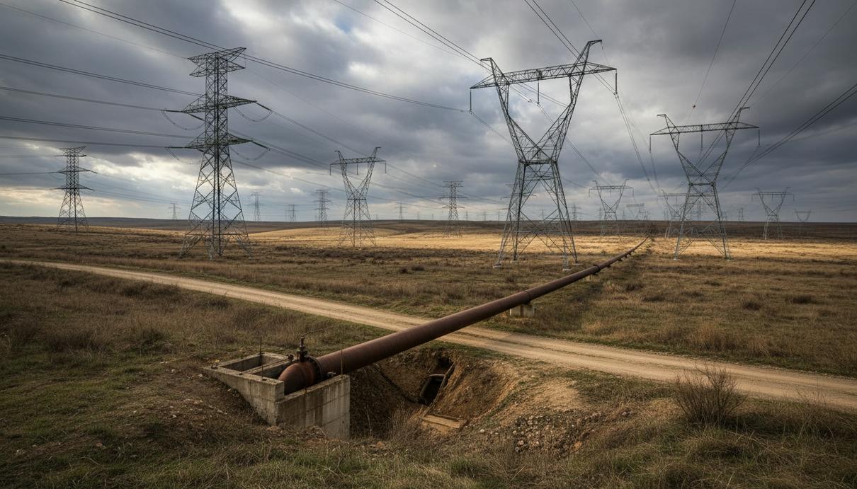 Магистральный нефтепровод и высоковольтные линии электропередачи на фоне пасмурного неба в сельской местности.