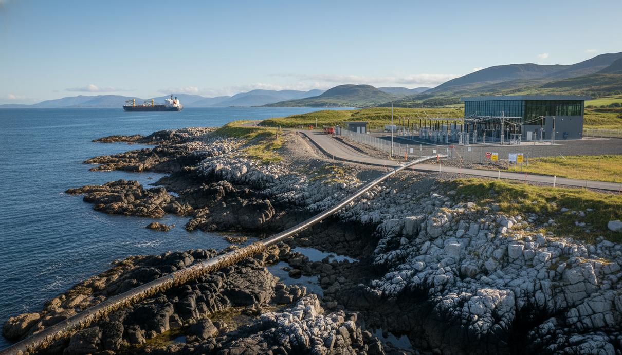 Подводный кабель высокого напряжения выходит из моря на скалистый берег. На суше кабель тянется к электроподстанции.