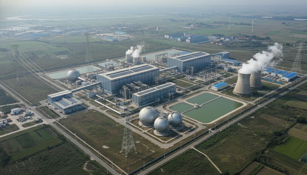 Масштабный промышленный комплекс для хранения энергии на сжатом воздухе (CAES) в провинции Цзянсу, Китай. Видны большие промышленные здания, турбины, генераторы и линии электропередачи.