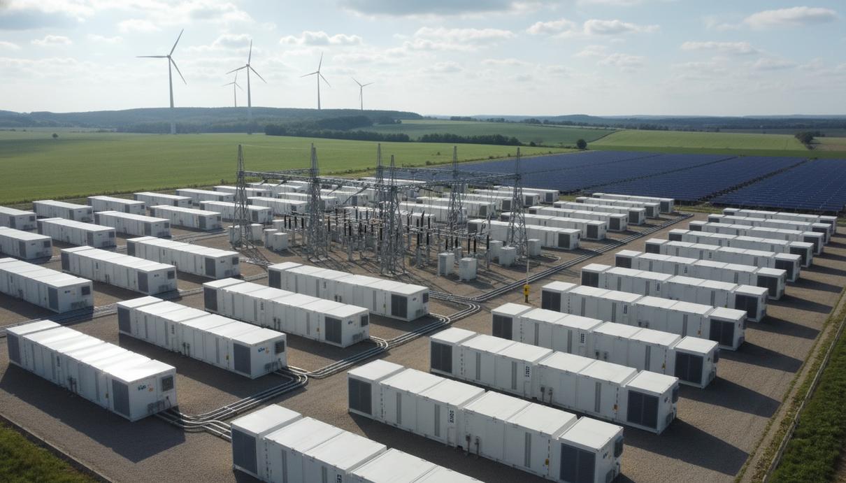 Масштабная система накопления энергии из контейнеров в сельской местности Европы, рядом с ветряными турбинами или солнечными панелями