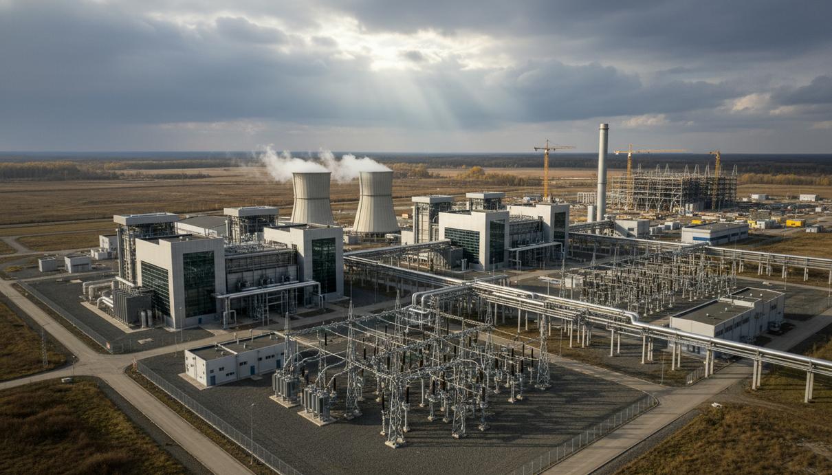 Газовая электростанция с несколькими энергоблоками и охлаждающими башнями в промышленном ландшафте Польши. Присутствуют элементы строительства.