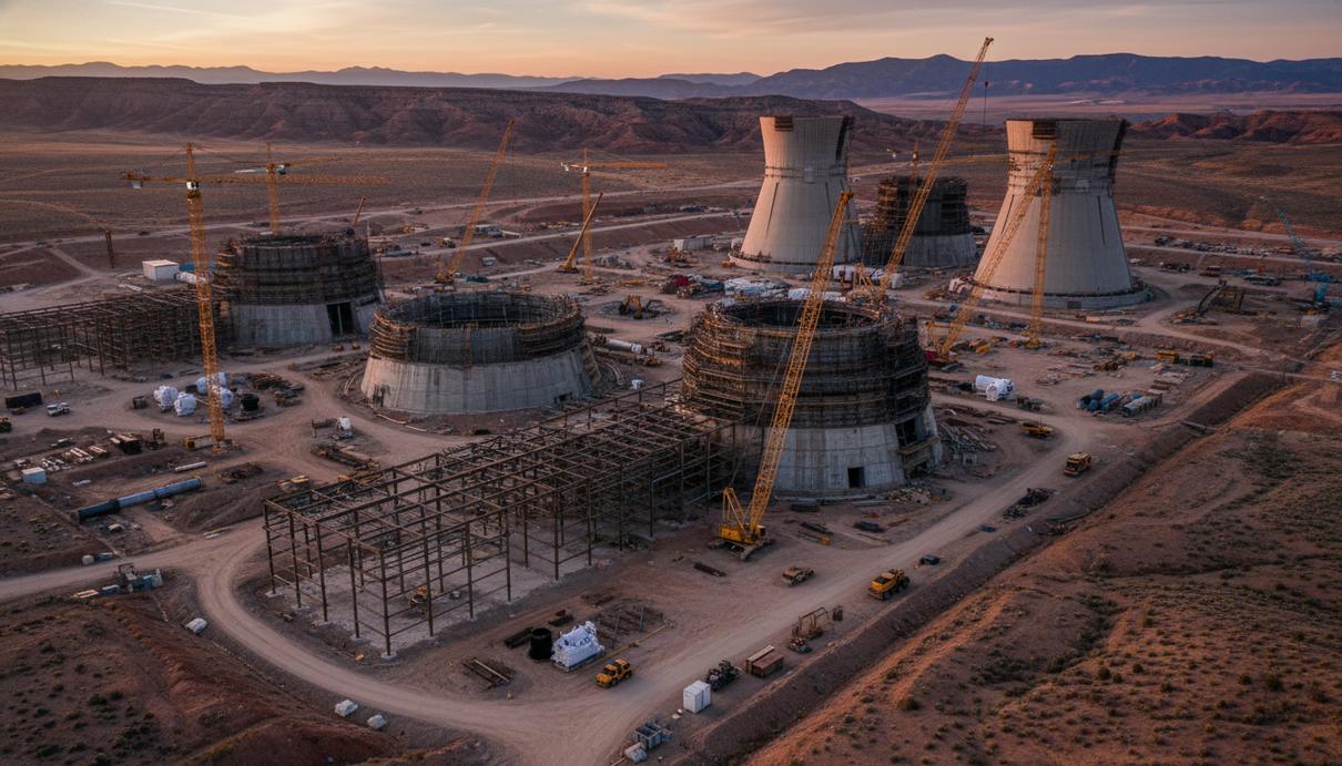 Строительная площадка атомной электростанции в гористом полупустынном ландшафте, с частично возведенными конструкциями реактора, стальными фундаментами и строительными кранами.
