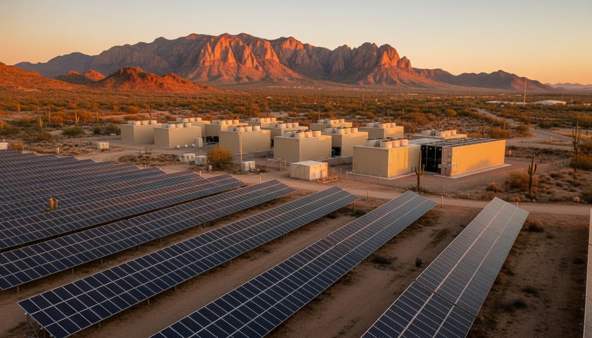Солнечные батареи и блоки промышленных аккумуляторов в пустынном ландшафте Аризоны