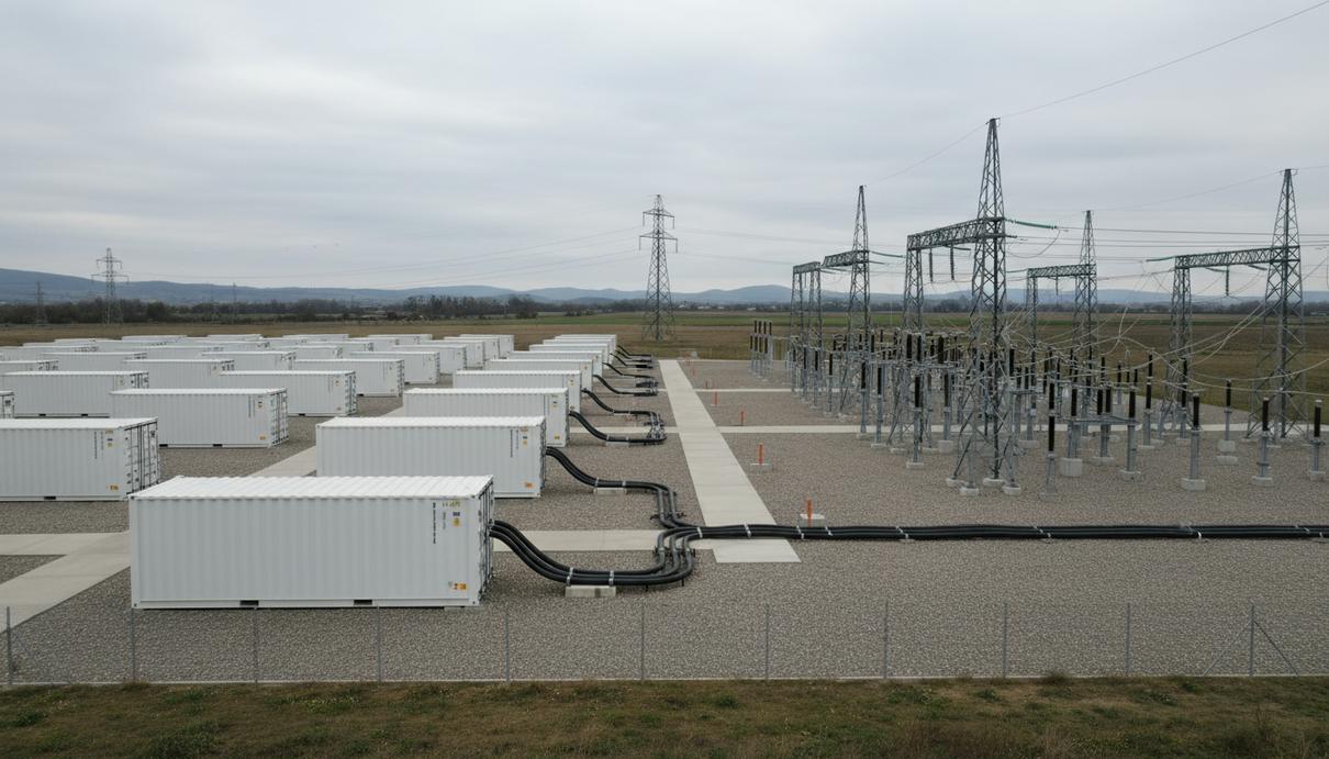 Ряды белых контейнеров промышленной системы хранения энергии на фоне опор линий электропередач.