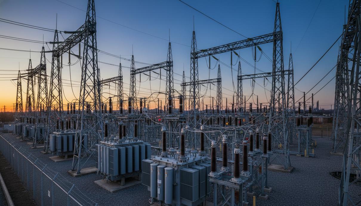 Линии электропередачи и оборудование распределительной подстанции на фоне заката в промышленной зоне