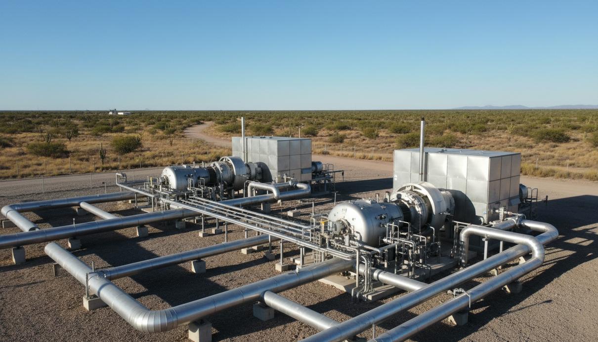 Современная газокомпрессорная станция с массивными стальными трубами и турбинами в мексиканской пустыне.