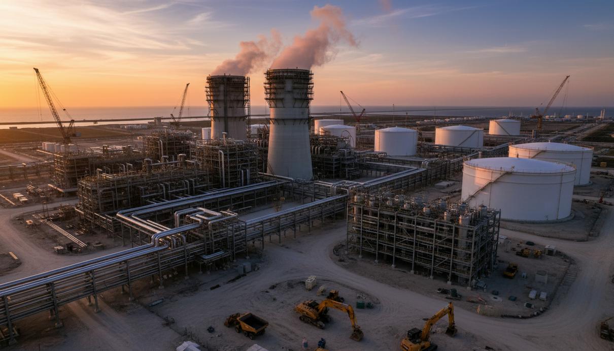 Строительная площадка терминала сжиженного природного газа с промышленными резервуарами и сетью труб