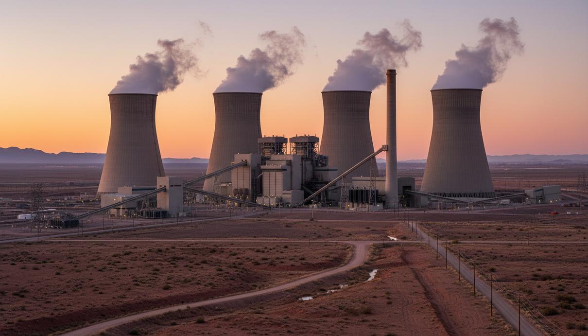 Промышленный комплекс тепловой электростанции с высокими трубами и градирнями в пустынной местности