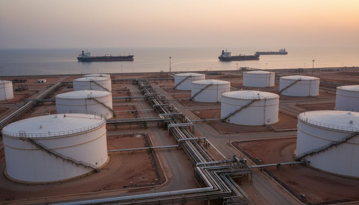 Промышленные резервуары для нефти на берегу моря и стоящие на рейде танкеры под дымчатым небом.