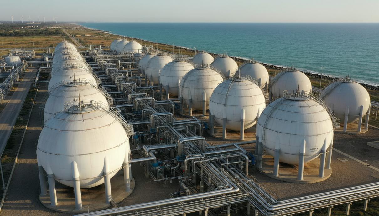 Промышленные газовые трубопроводы и сферические резервуары на фоне прибрежного пейзажа в Италии