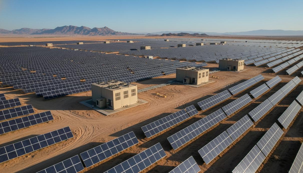 Солнечные панели и промышленные аккумуляторные системы на территории электростанции в пустыне Туниса.