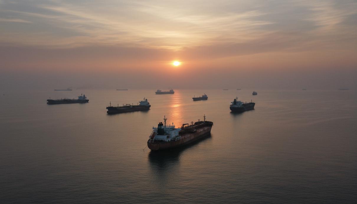 Нефтяные танкеры на стоянке в открытом море на фоне заката в районе крупного транспортного узла