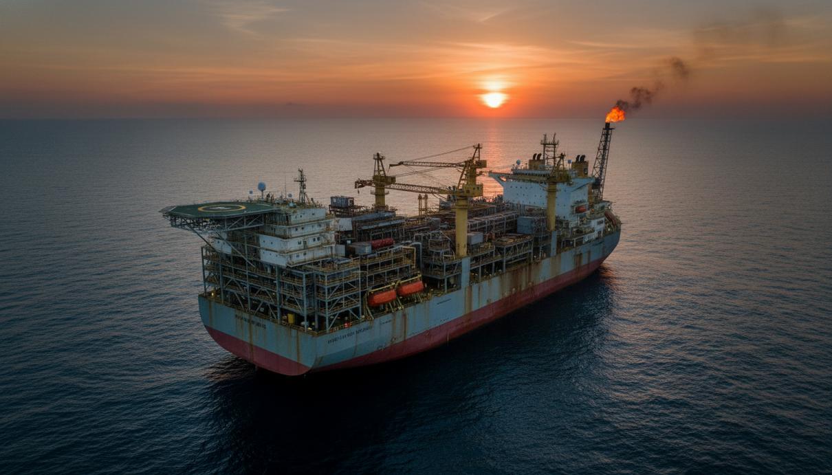 Массивная плавучая нефтедобывающая платформа в открытом океане на фоне вечернего неба