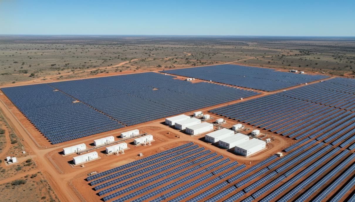 Панорамный вид на солнечную электростанцию и белые блоки промышленных аккумуляторов в Австралии