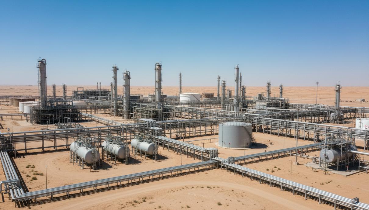 Промышленный пейзаж с нефтеперерабатывающим заводом в пустыне и сетью стальных трубопроводов под ясным небом